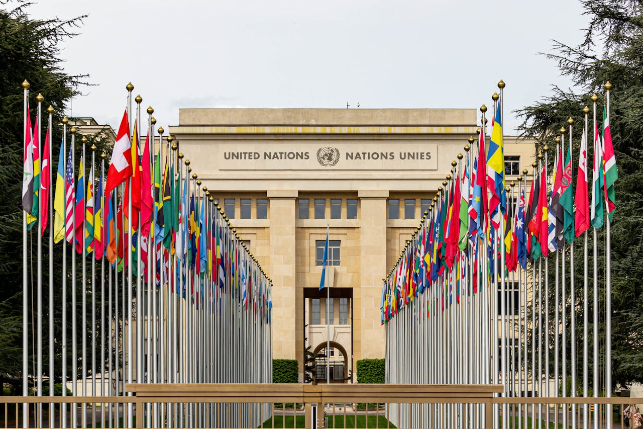 The Allee des Nations with the Flags of Member Countries at United Nations Office, Geneva, Switzerland